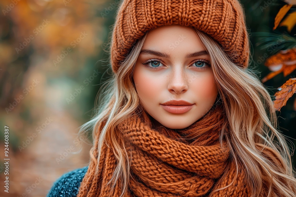 A young woman in a knitted hat and scarf enjoying an autumn day in a colorful forest, copy space for text, fashion model, autumnal clothes, wardrobe changing A young woman in a knitted hat and scarf enjoying an autumn day in a colorful forest, copy space for text, fashion model, autumnal clothes, wardrobe changing