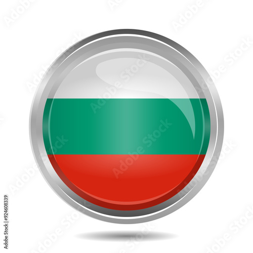 Free Download Bulgaria flag with 3D shiny chrome metallic silver frame in round or circle button shape. Editable and scalable vector graphic illustration isolated on white background eps file. - GFXLoad