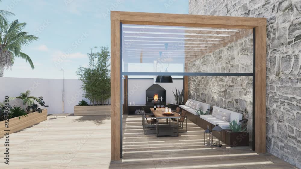 3D illustration clip of a luxury wooden teak deck with BBQ grill and ...