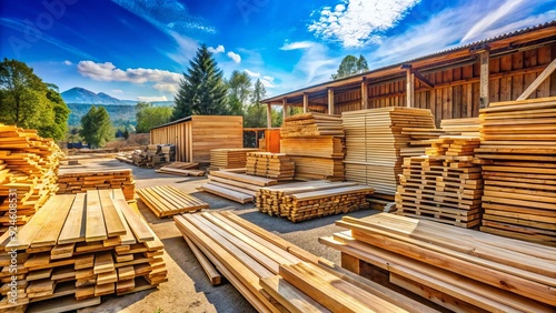 Stacks of freshly cut wooden planks and lumber of various sizes and textures fill a sunny outdoor lumberyard surrounded by rustic wooden fences.