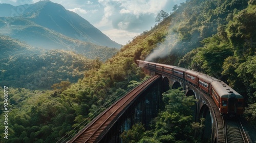 A train crossing a high-altitude bridge amidst mountains