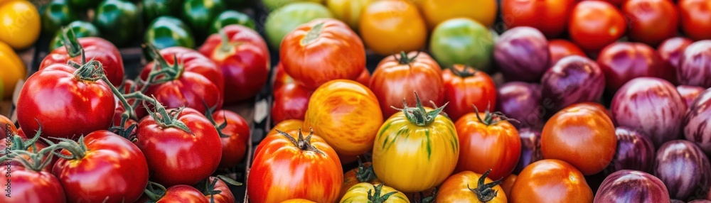 A vibrant assortment of fresh tomatoes displayed in various colors, showcasing their natural beauty and appeal for culinary use. A vibrant assortment of fresh tomatoes displayed in various colors, showcasing their natural beauty and appeal for culinary use.