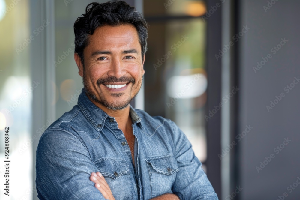 A happy man with a bright smile wearing a denim shirt A happy man with a bright smile wearing a denim shirt