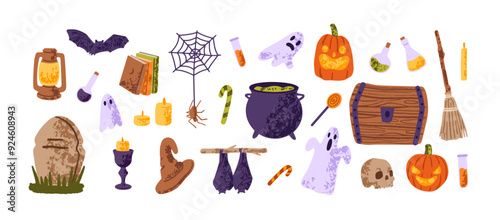 Halloween design elements set. Helloween party decoration: spooky bats, scary ghosts, creepy pumpkins, pointed hat, witch cauldron. Flat isolated hand drawn vector illustrations on white background