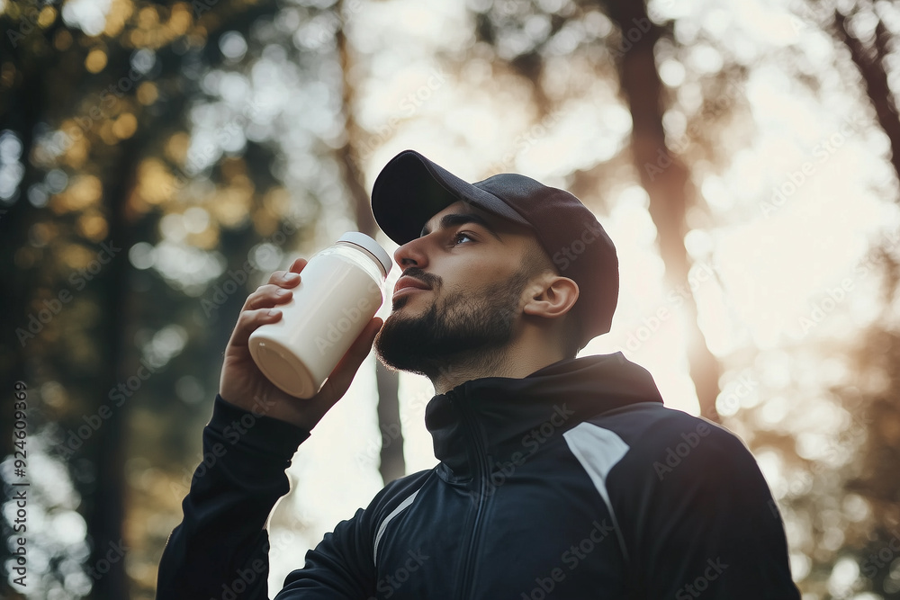 Athletic man in sportswear drinking a protein while exercise at park.