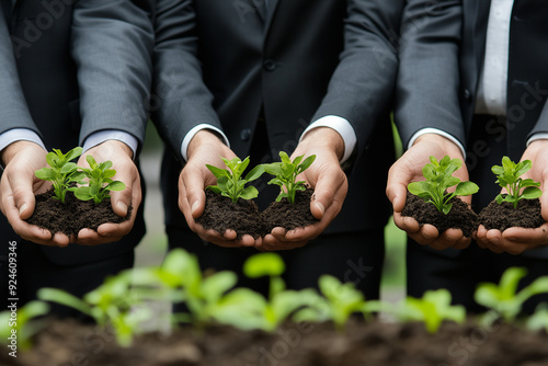 Hand of three businessman holding young plant, growth and care for the environment, Team work, Partnership or community concept. photo