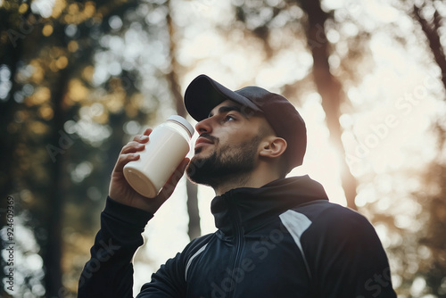Obraz na płótnie Athletic man in sportswear drinking a protein while exercise at park. w salonie