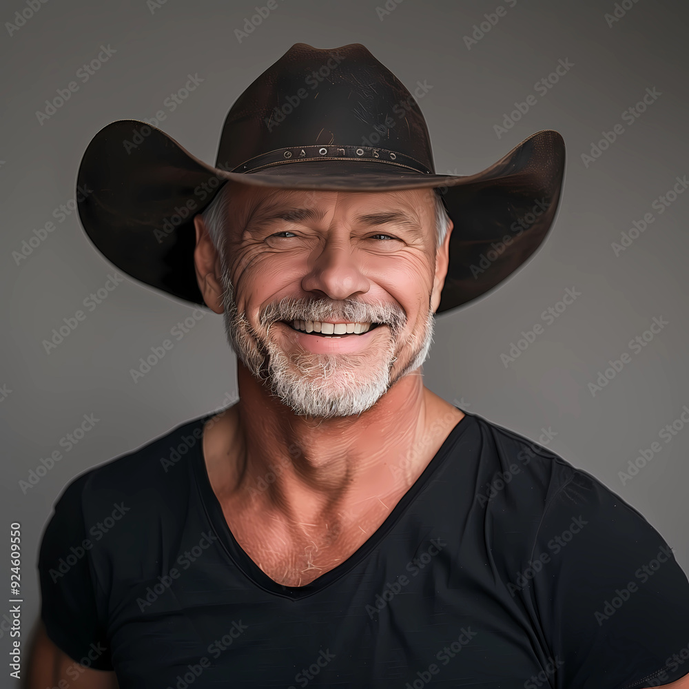 Headshot portrait of handsome man posing for camera. Good looking guy with beard and wearing cowboy hat. Positive male posing in white background studio Headshot portrait of handsome man posing for camera. Good looking guy with beard and wearing cowboy hat. Positive male posing in white background studio