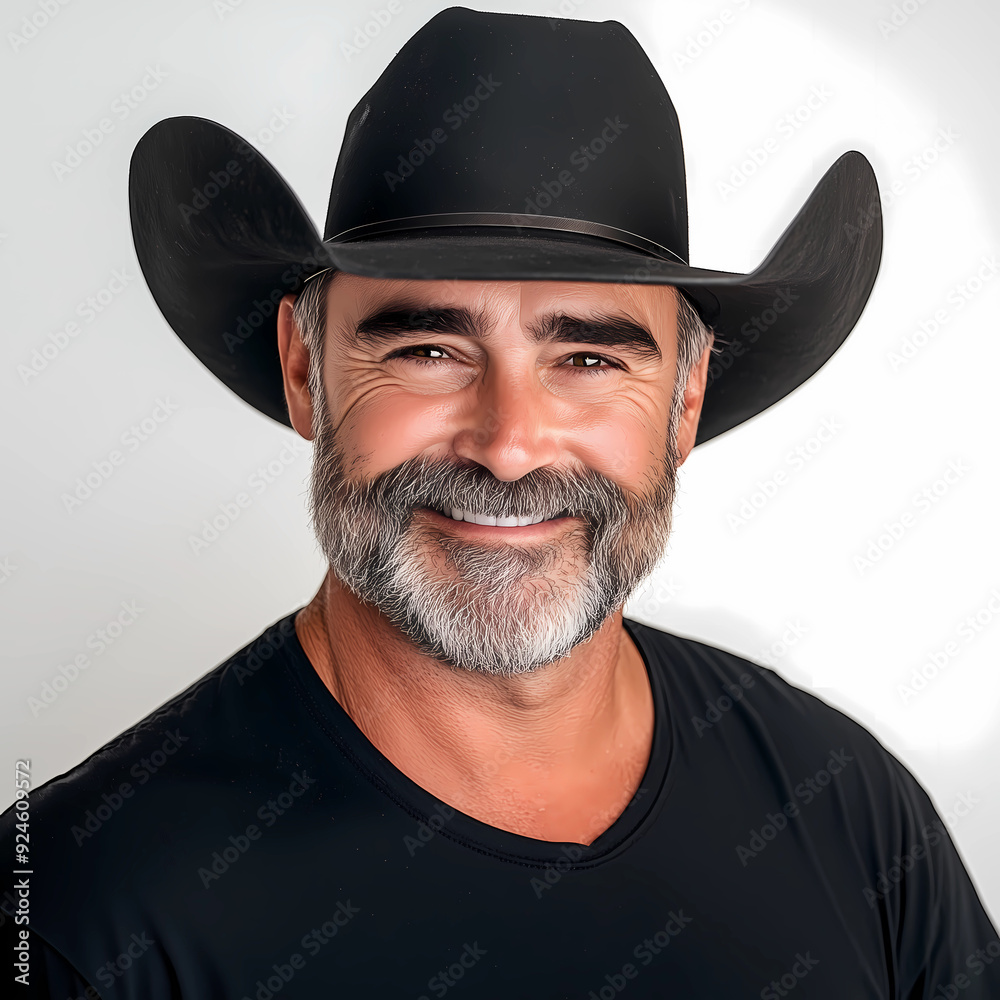 Headshot portrait of handsome man posing for camera. Good looking guy with beard and wearing cowboy hat. Positive male posing in white background studio Headshot portrait of handsome man posing for camera. Good looking guy with beard and wearing cowboy hat. Positive male posing in white background studio