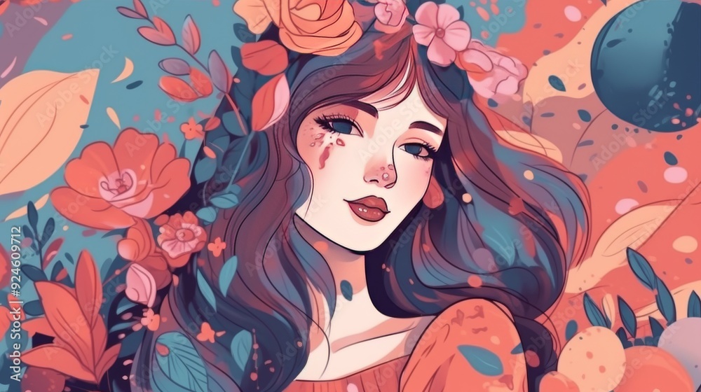 A woman with long hair and a flower crown on her head