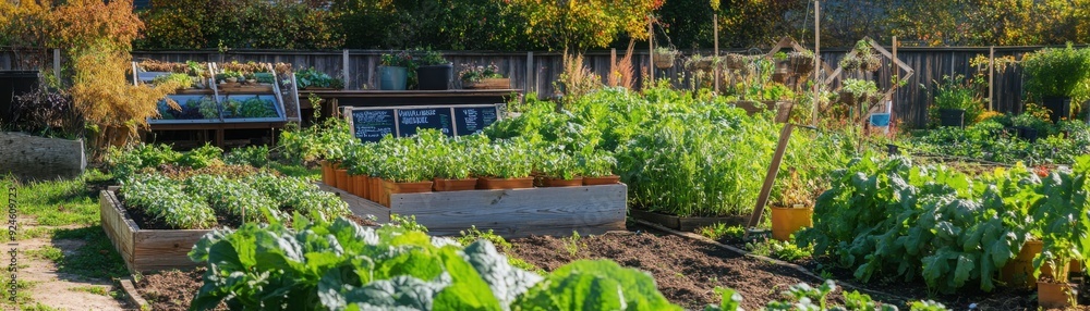 A vibrant vegetable garden thriving with lush plants, showcasing a variety of greens and organic farming techniques under clear skies. A vibrant vegetable garden thriving with lush plants, showcasing a variety of greens and organic farming techniques under clear skies.