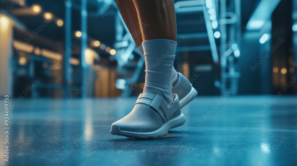 A person is seated with a sprained ankle elevated, showcasing discomfort while in a well-lit gym environment, sprained arm and sprained leg, treatment with bandage and dressing