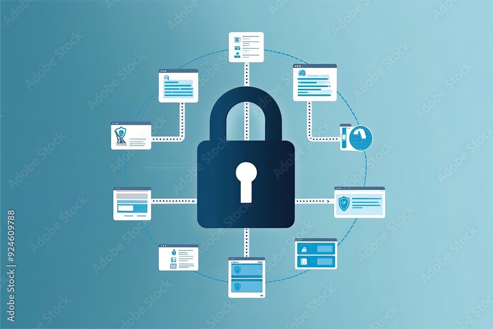 Integrated Cybersecurity Visual Featuring a Diverse Lock Graphic and Information Pathways on a Subtle Azure Surface