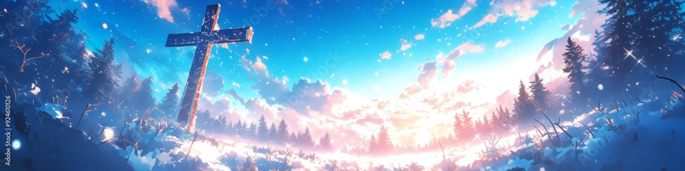 Obraz premium Enchanting Anime-Style Winter Wonderland: Dreamy Snowy Landscape with Cross Silhouette and Falling Snowflakes. AI-Generated 4K Illustration for Creative Marketing, Perfect for 2025 Winter Holidays and