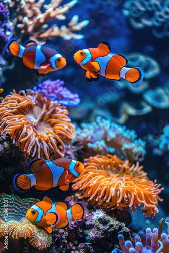 Colorful clown fish swimming together in a clear acrylic aquarium