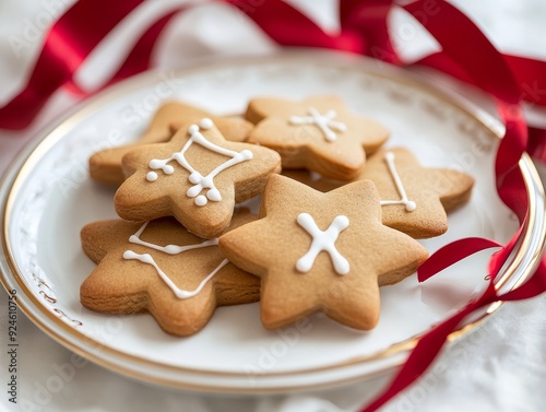 Minimalist gingerbread cookies on plate with red ribbon for festive treat display