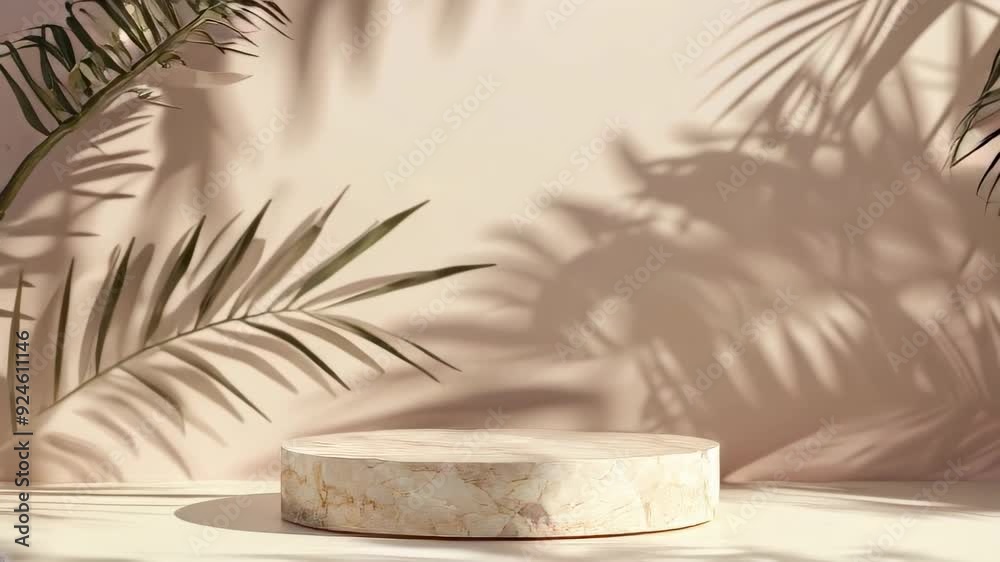 Minimal beige platform with palm leaves, ideal for showcasing premium cosmetic products in a clean, modern, and luxurious setting. Perfect for advertisements or product presentations. Minimal beige platform with palm leaves, ideal for showcasing premium cosmetic products in a clean, modern, and luxurious setting. Perfect for advertisements or product presentations.