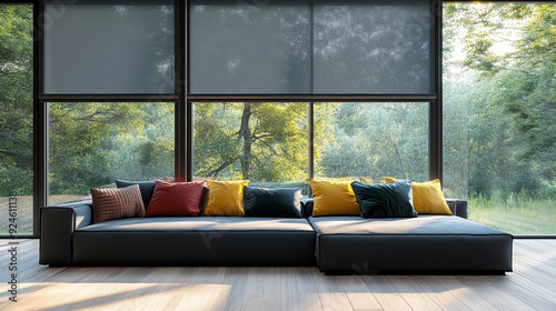  visual featuring motorized roller blinds on full-height windows in a room. The scene includes a sofa adorned with colorful pillows, situated near the windows with sunscreen curtains