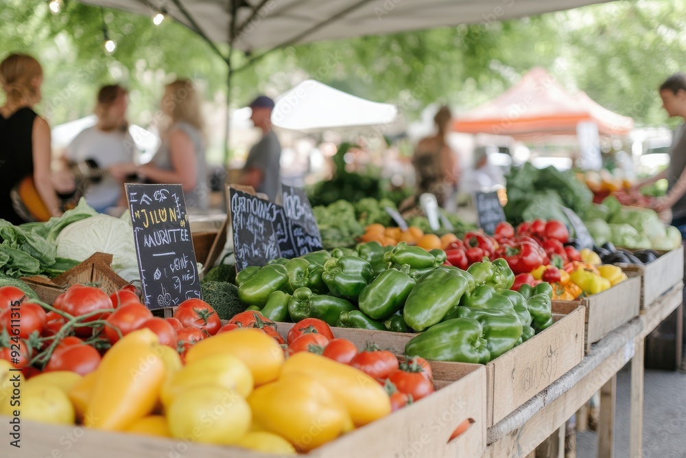 Vibrant market scene showcasing fresh vegetables in wooden crates under a canopy, perfect for promoting healthy eating. Vibrant market scene showcasing fresh vegetables in wooden crates under a canopy, perfect for promoting healthy eating.