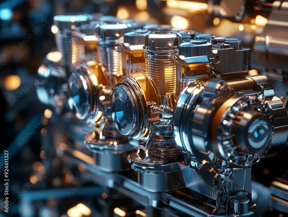 Detailed close up of precision car engine, revealing complex mechanics in high definition Detailed close up of precision car engine, revealing complex mechanics in high definition
