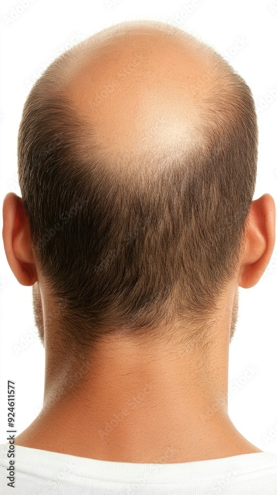 Fototapeta premium A bald man's head in sharp focus against a clean white backdrop, emphasizing the simplicity and tranquility of the moment