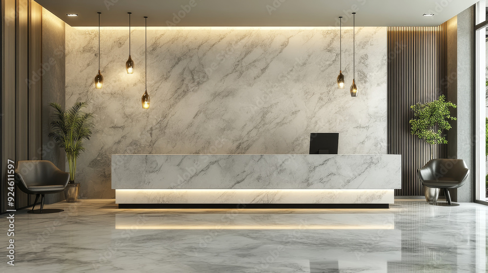 A visual showcasing part of a hotel lobby with a modern style. The design features elegant marble walls and floors, emphasizing a clean and tidy aesthetic A visual showcasing part of a hotel lobby with a modern style. The design features elegant marble walls and floors, emphasizing a clean and tidy aesthetic