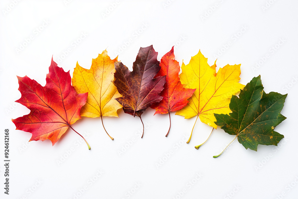 A collection of autumn leaves in various shades of red, orange, and yellow, arranged in a fan shape