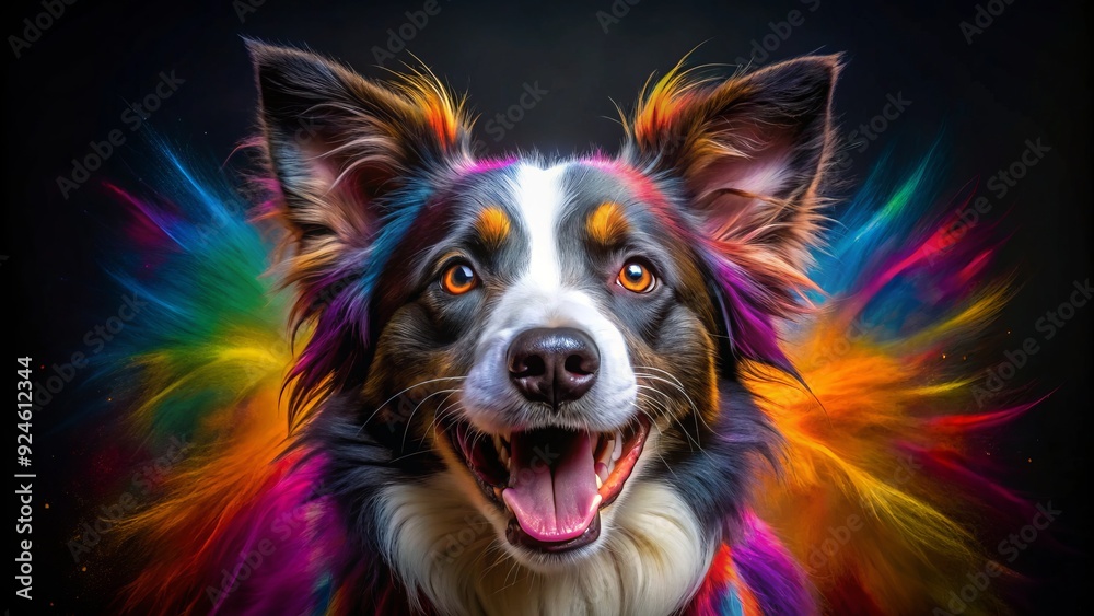 Naklejka premium Vibrant colors explode in a Border Collie's fur, creating a stunning contrast against a dark background, capturing the dynamic energy of a playful, artistic moment.