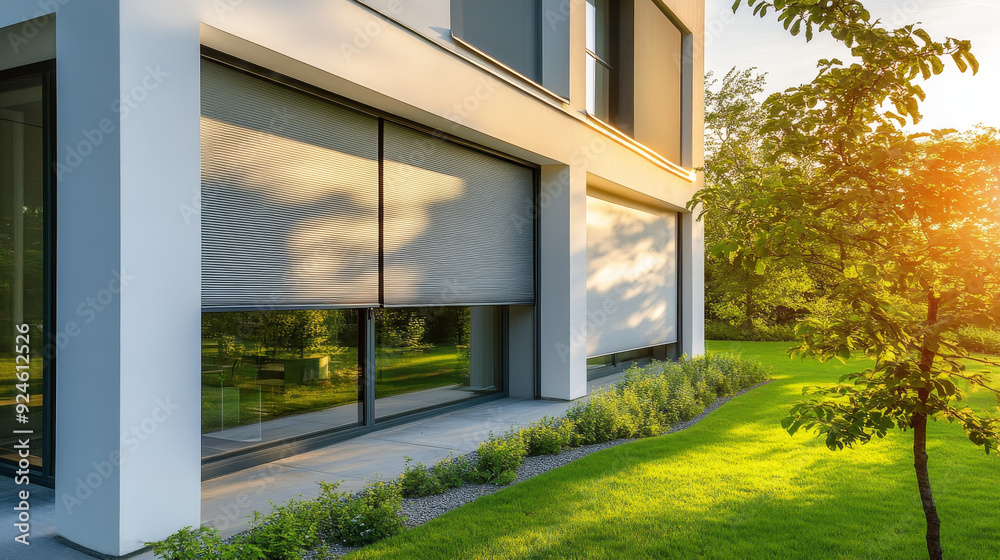 visual featuring roller blinds installed on a panoramic window of a modern house. The external shutters are shown providing sun protection and privacy for the exterior of the home. visual featuring roller blinds installed on a panoramic window of a modern house. The external shutters are shown providing sun protection and privacy for the exterior of the home.