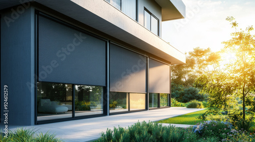 visual featuring roller blinds installed on a panoramic window of a modern house. The external shutters are shown providing sun protection and privacy for the exterior of the home. photo