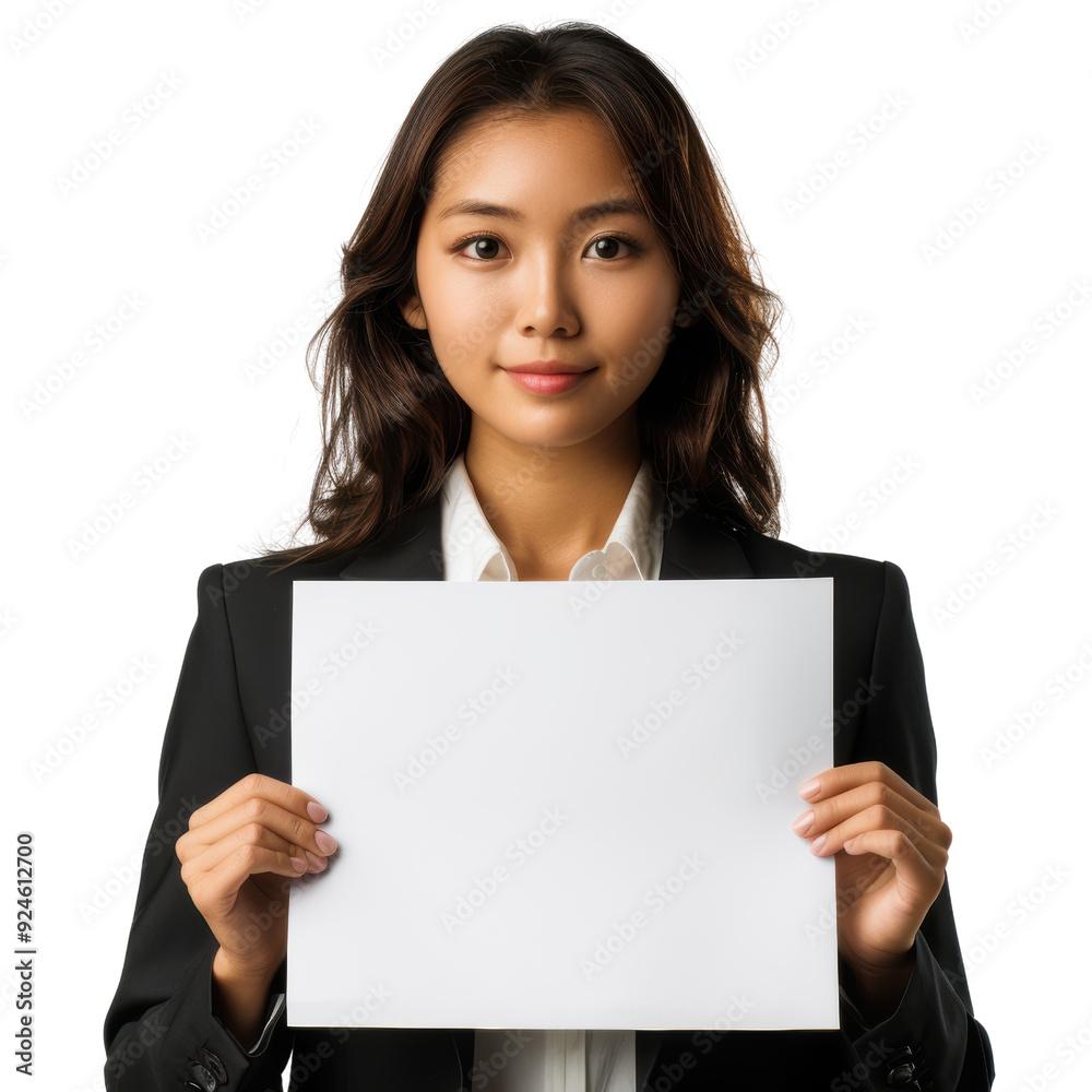 Confident Young Woman Holding Blank Sign in a Professional Setting for Impact Confident Young Woman Holding Blank Sign in a Professional Setting for Impact
