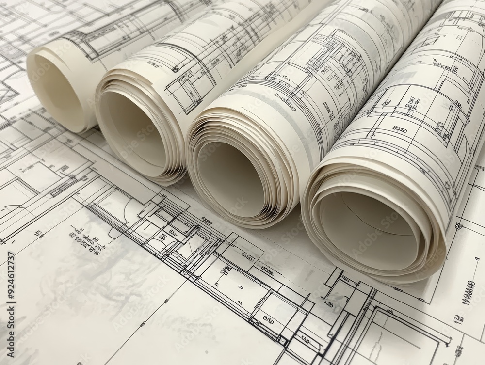 Detailed home project blueprints on white background with construction ...