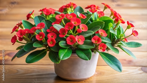 Vibrant Euphorbia Millii houseplant blooms with delicate, tiny, round, red petals, adding a pop of color and elegance to modern home decor settings naturally. photo