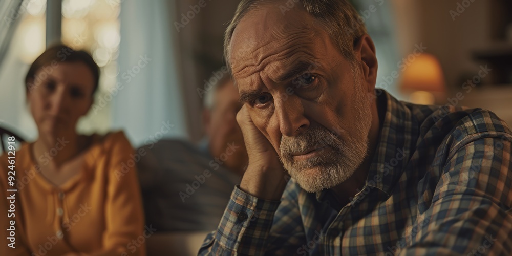 custom made wallpaper toronto digitalSenior man on living room sofa thinking, stressing, and reflecting. Dementia-afflicted elderly man relaxes in modern home lounge.