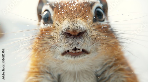 nose of the squirrel sniffing the camera lense, white background
