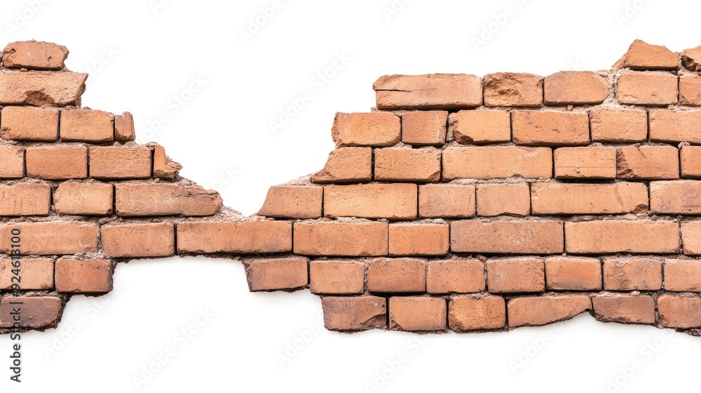 Obraz premium Close-up of a distressed red brick wall showing damage from fire and age against a white backdrop