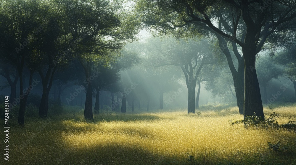 Sunbeams illuminate a misty forest clearing. Sunbeams illuminate a misty forest clearing.