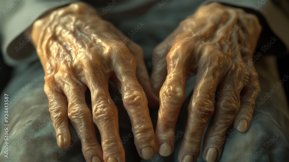 Fototapeta premium The hands show deep wrinkles and discoloration, illustrating significant aging and a skin condition in a peaceful indoor setting, rheumatoid arthritis, joint and bone diseases, autoimmune diseases