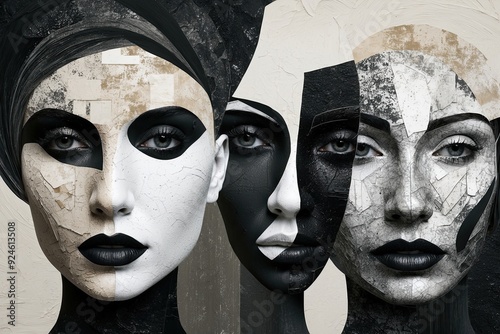 Abstract Black and White Facial Collage with Textures and Depth for Immersive Wallpaper Design