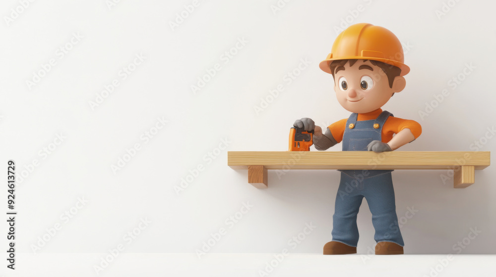 A 3D cartoon carpenter building a wooden shelf, with a minimalist white backdrop highlighting A 3D cartoon carpenter building a wooden shelf, with a minimalist white backdrop highlighting