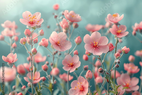 flowers with a white frame on a green background, in the style of light sky-blue and light pink, vintage minimalism, aerial view, bright backgrounds, uhd image, symmetrical arrangement --ar 3:2 --styl