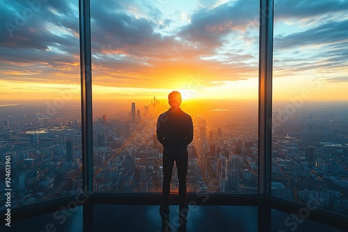 Silhouette of a man gazing at city skyline during sunrise