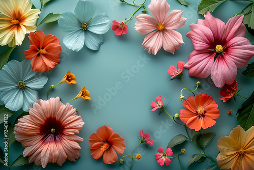 flowers with a white frame on a green background, in the style of light sky-blue and light pink, vintage minimalism, aerial view, bright backgrounds, uhd image, symmetrical arrangement --ar 3:2 --styl