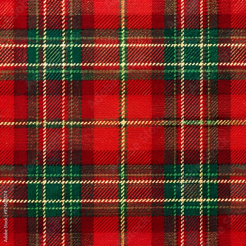 Festive red and green plaid fabric with subtle sheen, featuring classic Christmas tartan pattern with intricate woven design, perfect for holiday crafting projects. texture