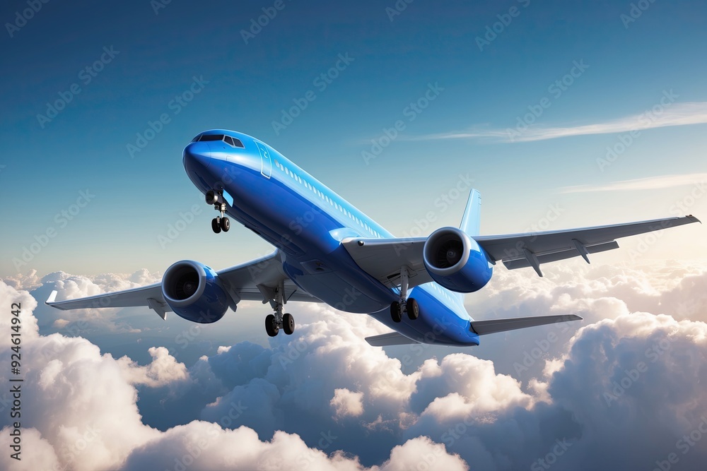 Obraz premium Sleek Blue Commercial Jet Soaring Through Clouds in Azure Sky 3D Visualization