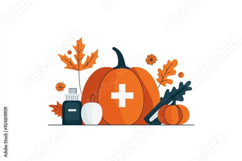 Illustration of pumpkins with medical cross symbol, autumn leaves, and medicine bottle. A blend of healthcare and autumn theme.