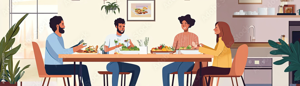 A group of friends enjoying a meal together at a cozy dining table, sharing laughter and delicious food in a warm setting. A group of friends enjoying a meal together at a cozy dining table, sharing laughter and delicious food in a warm setting.