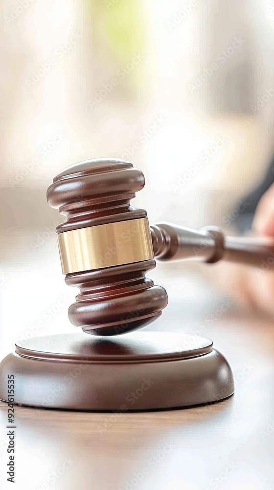 Close-up of a gavel on a courtroom table with a judge's hand poised to deliver a ruling