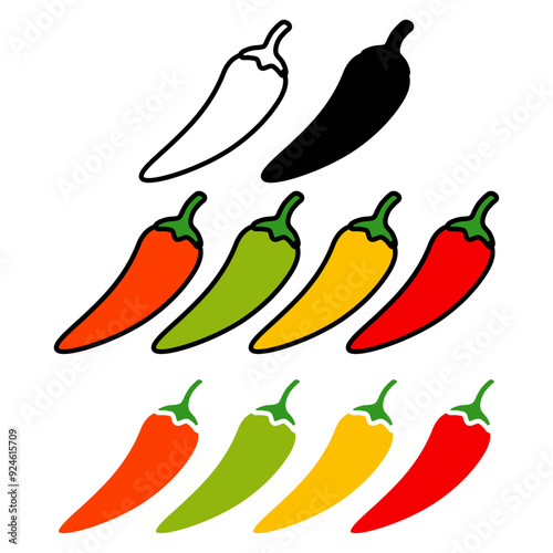 Logo salsa picante. Set con silueta de pimientos picantes de varios tipos y colores con línea exterior y relleno