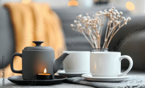 Cozy Tea Setup With Teapot, Cups, and Candle in Softly Lit Living Room
